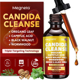 Megneta Candida Cleanse bottle cap close-up highlighting triple-targeting formula.