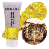 MEICOLY gold body glitter self-adhesive shines on skin for festival-ready glow.