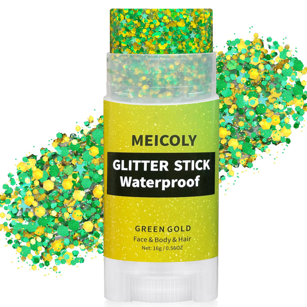 MEICOLY gold-green face glitter stick adds bold shimmer for St Patrick's Day looks.