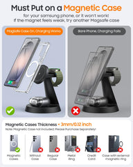 Meifigno 3-in-1 charger stand supporting phone, watch, and buds together.
