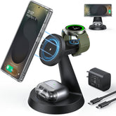 Meifigno magnetic wireless charger front view with precise Samsung 3-in-1 charging alignment.