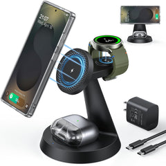 Meifigno magnetic wireless charger front view with precise Samsung 3-in-1 charging alignment.