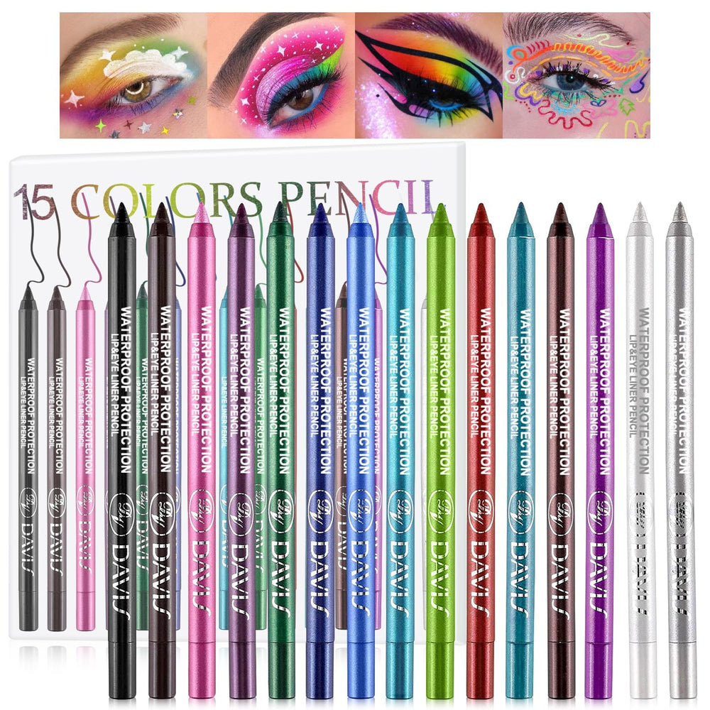 Meilury 15-color eyeliner set in box showcases premium packaging for gifting and storage.