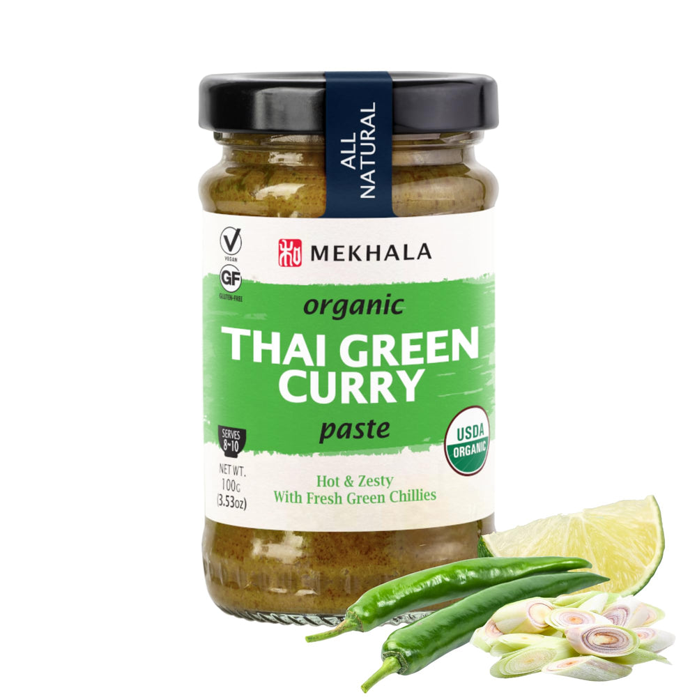 Mekhala organic Thai green curry paste jar closeup for rich flavor