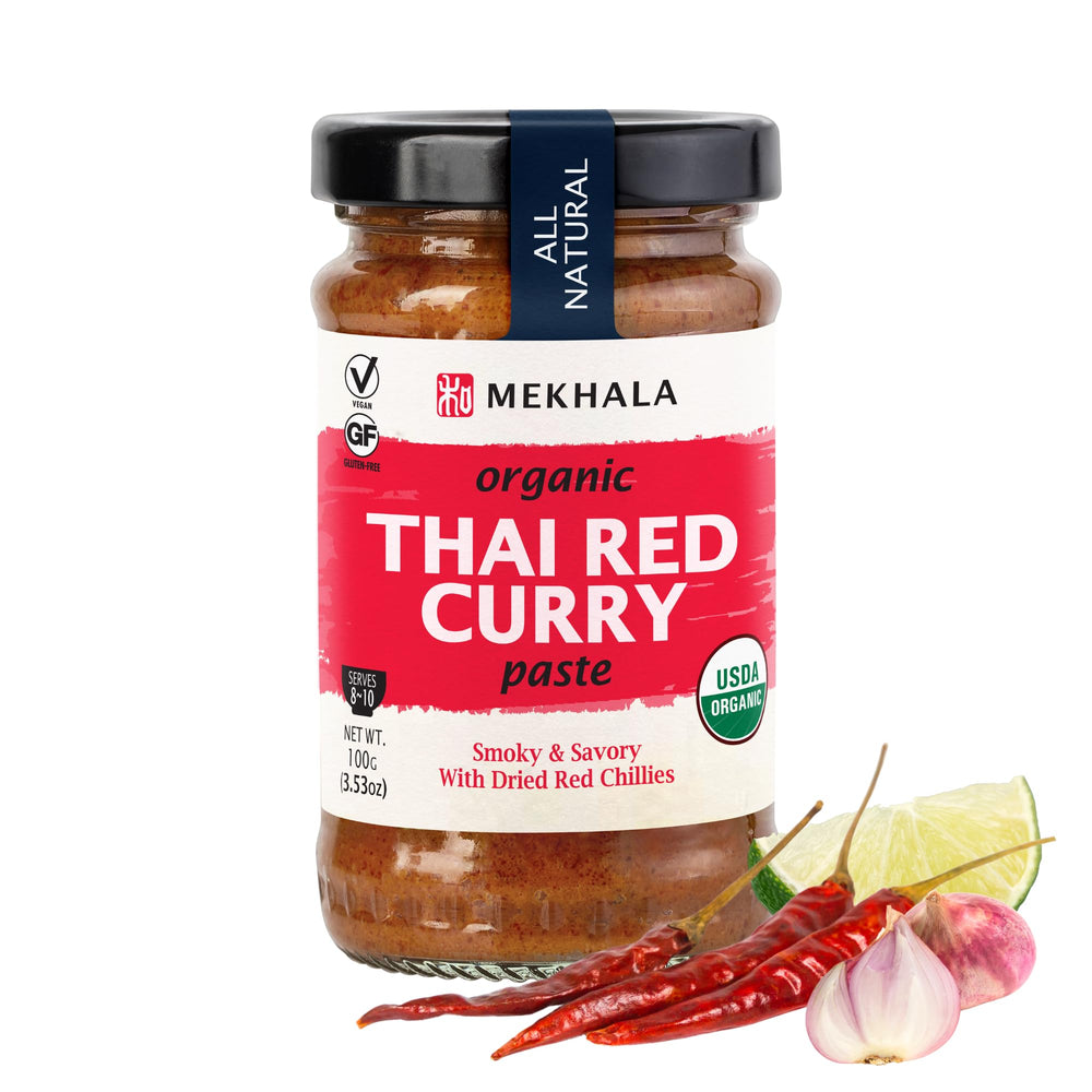 Mekhala red curry paste jar showing vibrant color for authentic Thai flavor