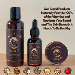 Melanin Kings Beard Balm jar demonstrates conditioning cream that tames frizz and soothes skin.
