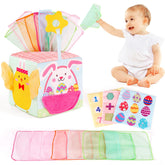 Melonegg Easter baby tissue box toy featuring cheerful bunnies for gentle sensory play
