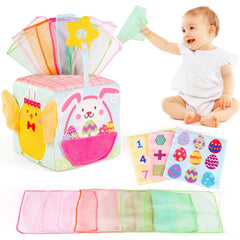 Melonegg Easter baby tissue box toy featuring cheerful bunnies for gentle sensory play