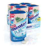 Mentos Pure Fresh gum bottle front view highlights recyclable packaging and mint flavor.