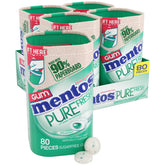 MENTOS Pure Fresh Sugar-Free Gum Spearmint bottle closeup shows recyclable packaging for desk freshness.