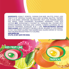 Mentos Tropical Red Fruit Lime bottle label emphasizes long-lasting fruity freshness.