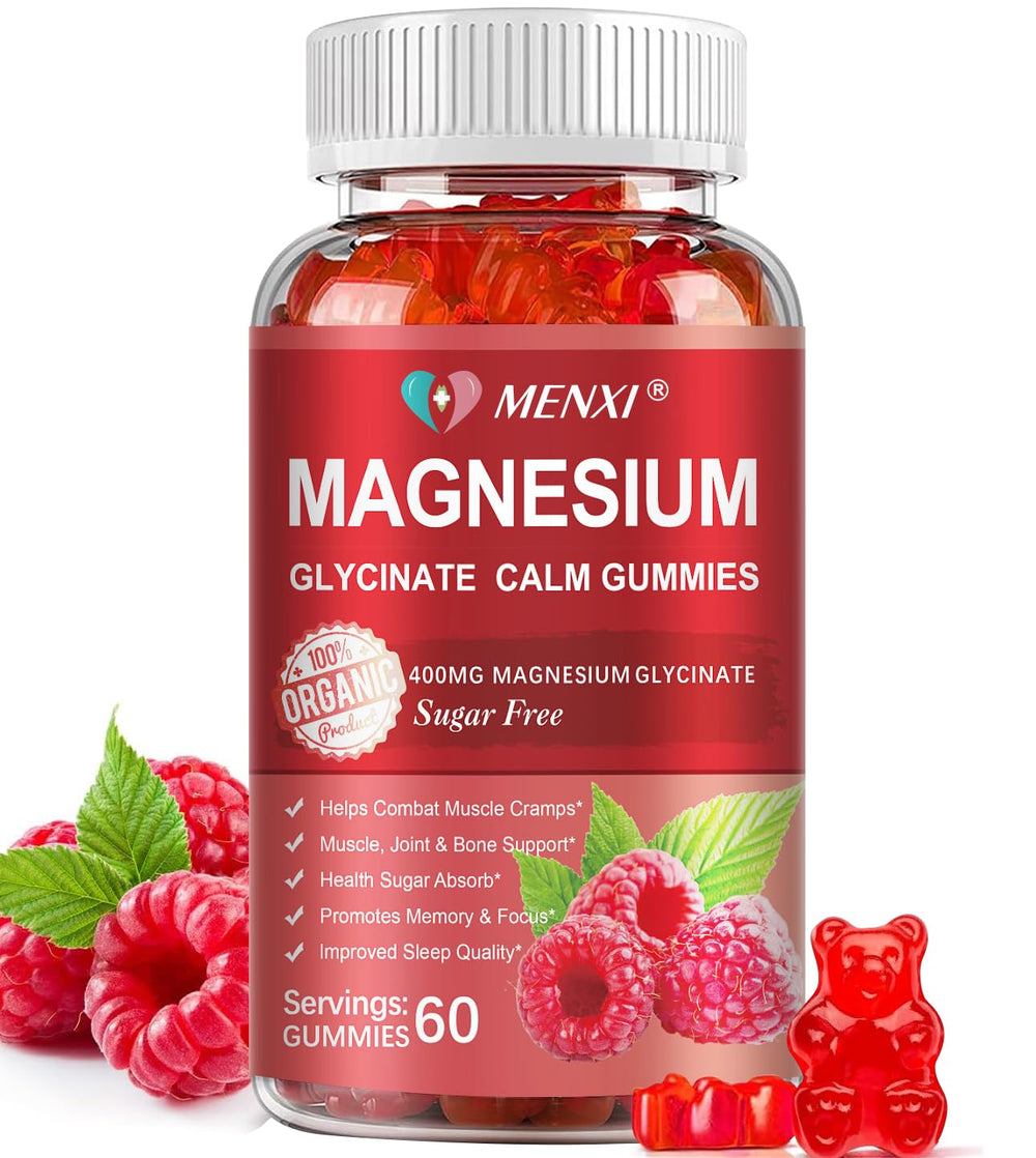 MENXI Magnesium Gummies bottle with 60 raspberry chews for daily calm and muscle comfort.
