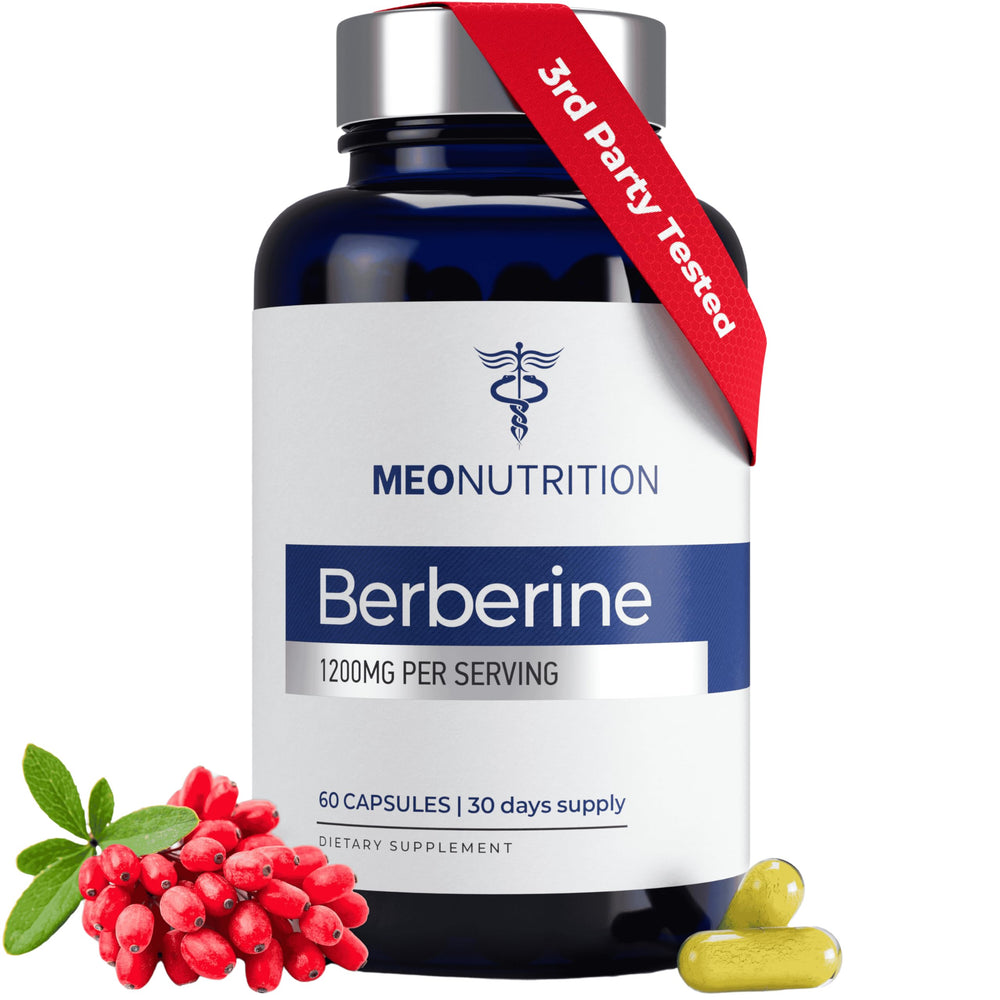 Meo Nutrition Berberine 1200mg bottle front promotes metabolic wellness with high-potency formula