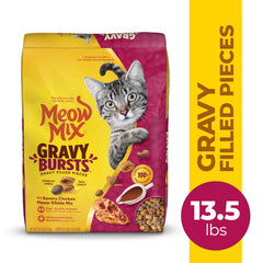 Meow Mix Gravy Bursts chicken flavor chunks for savory taste.
