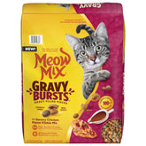 Meow Mix Gravy Bursts dry cat food bag with real gravy pockets.