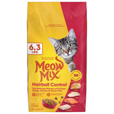 Meow Mix Hairball Control dry cat food bag promotes adult cat hairball control.