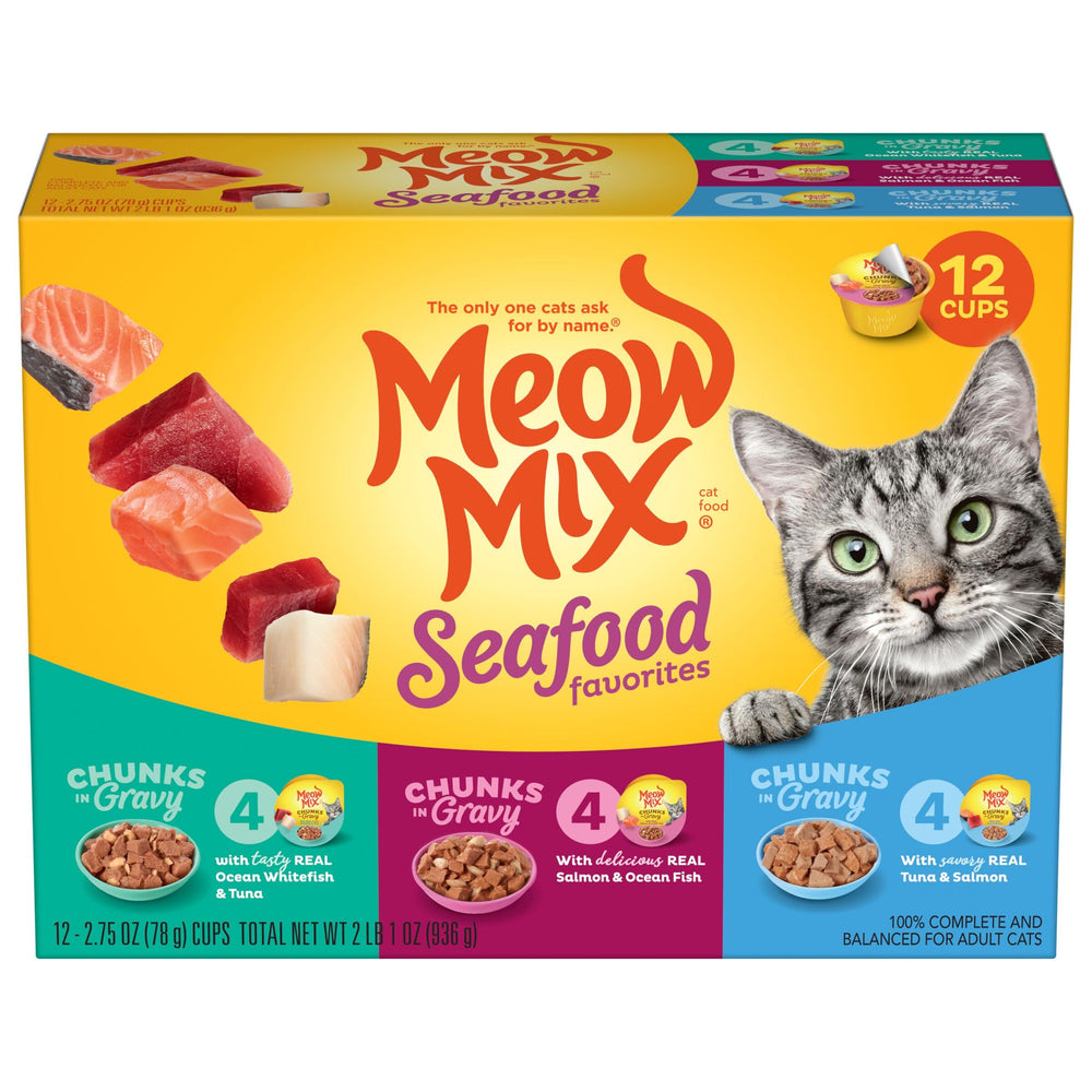 Meow Mix Seafood Favorites Variety Pack cups display three flavors for daily feeding variety.