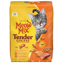 Meow Mix Tender Centers bag front for convenient 20 lb home feeding.