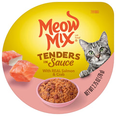 Meow Mix Tenders en Sauce cuve ouverte avec saumon et crabe prêt à servir
