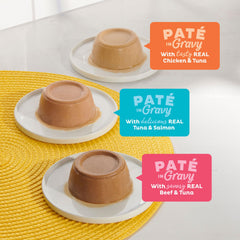 Meow Mix Pate in Gravy Chicken-Tuna cups featuring real chicken and tuna in gravy