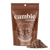 Cambie Merckens milk melts packaging highlights premium quality for home bakers.