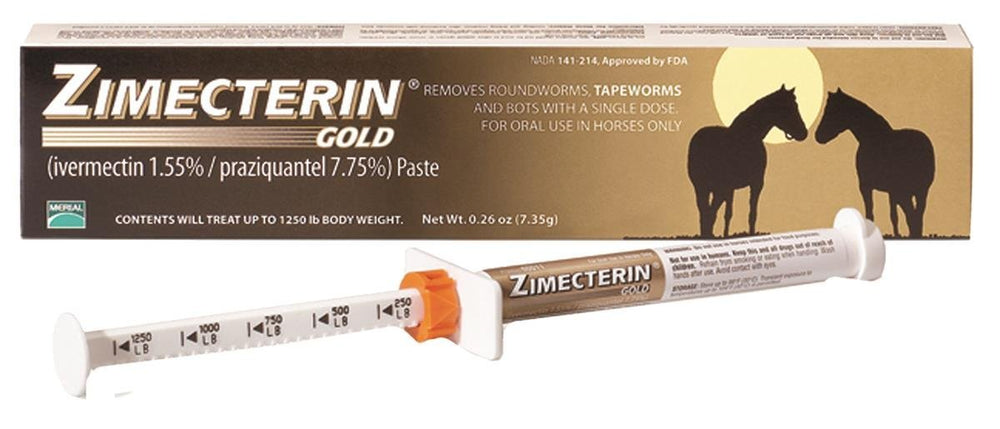 Merial Zimecterin Gold dewormer paste bottle pour for broad parasite control in horses.