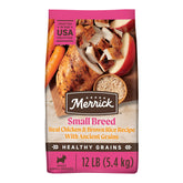 Merrick Healthy Grains small breed bag highlights real chicken for lean muscle