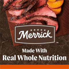 Merrick lean muscle energy kibble highlights 63 percent protein balance.