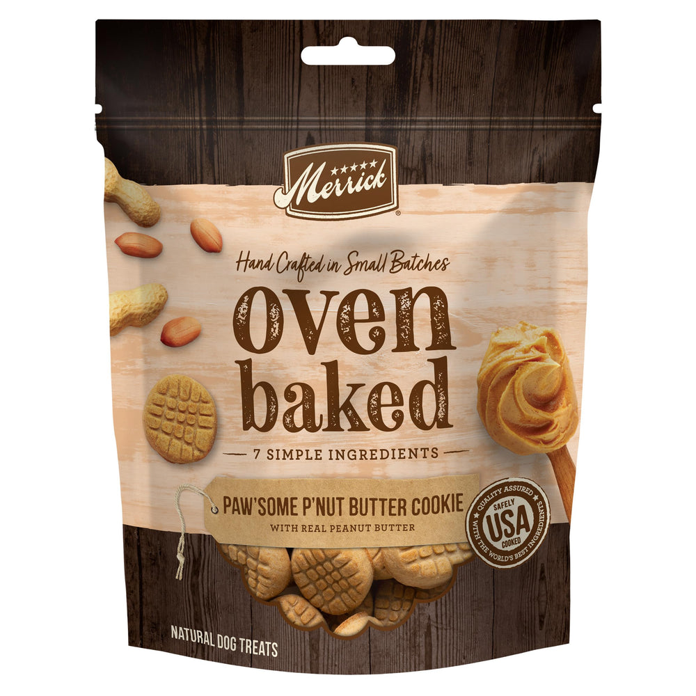 Merrick Pawsome Pnut Butter Cookie crunch, oven-baked dog treat for all sizes.