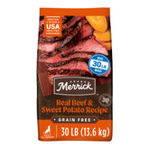 Merrick premium grain free dry dog food bag front showing Texas beef and sweet potato.
