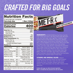 MET-Rx Big 100 Colossal nutrition panel close-up emphasizing protein and vitamins