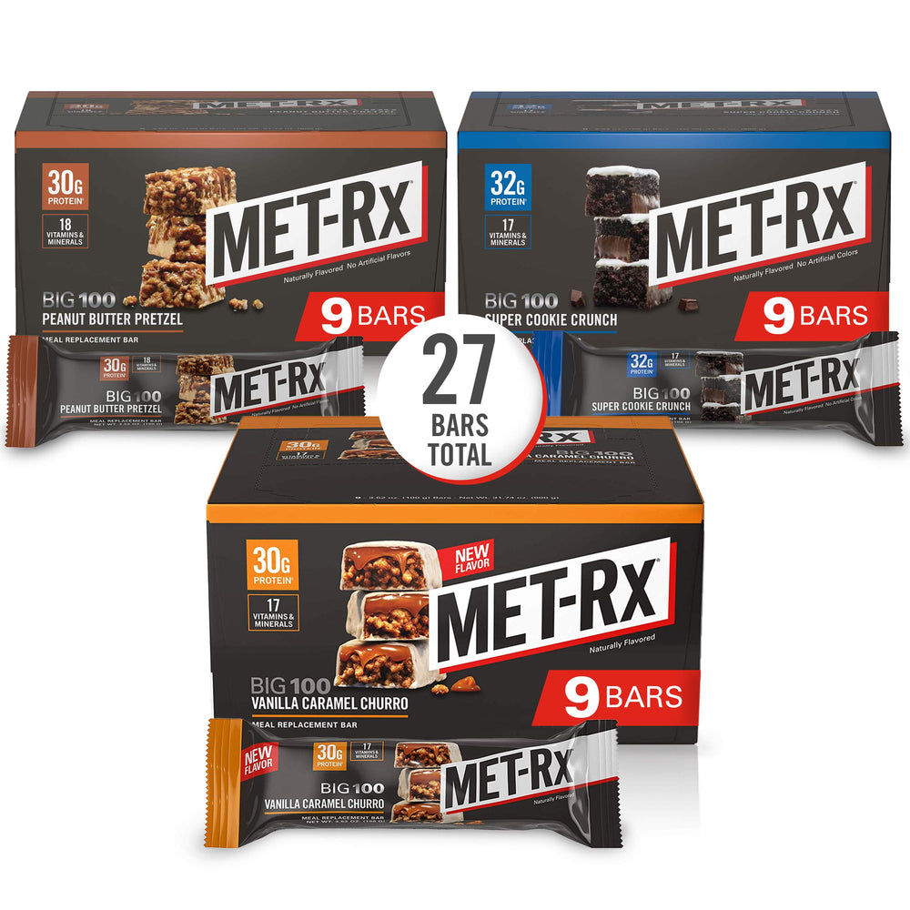 MET-Rx Big 100 Colossal packaging display for on-the-go nutrition.