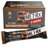 MET-Rx Big 100 packaging with Salted Caramel Brownie Crunch for on-the-go meals.