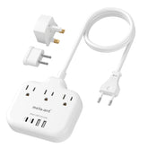 Meta-Ant European travel plug adapter shows 3 US outlets for Europe-ready devices and travel convenience
