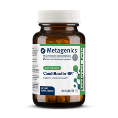 Metagenics CandiBactin-BR bottle and tablets ready for gut balance support.