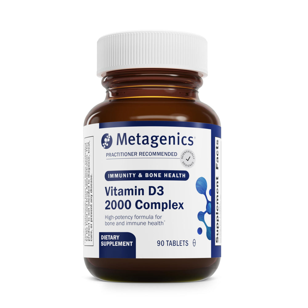 Metagenics D3 2000 IU bottle front view highlighting bone health support