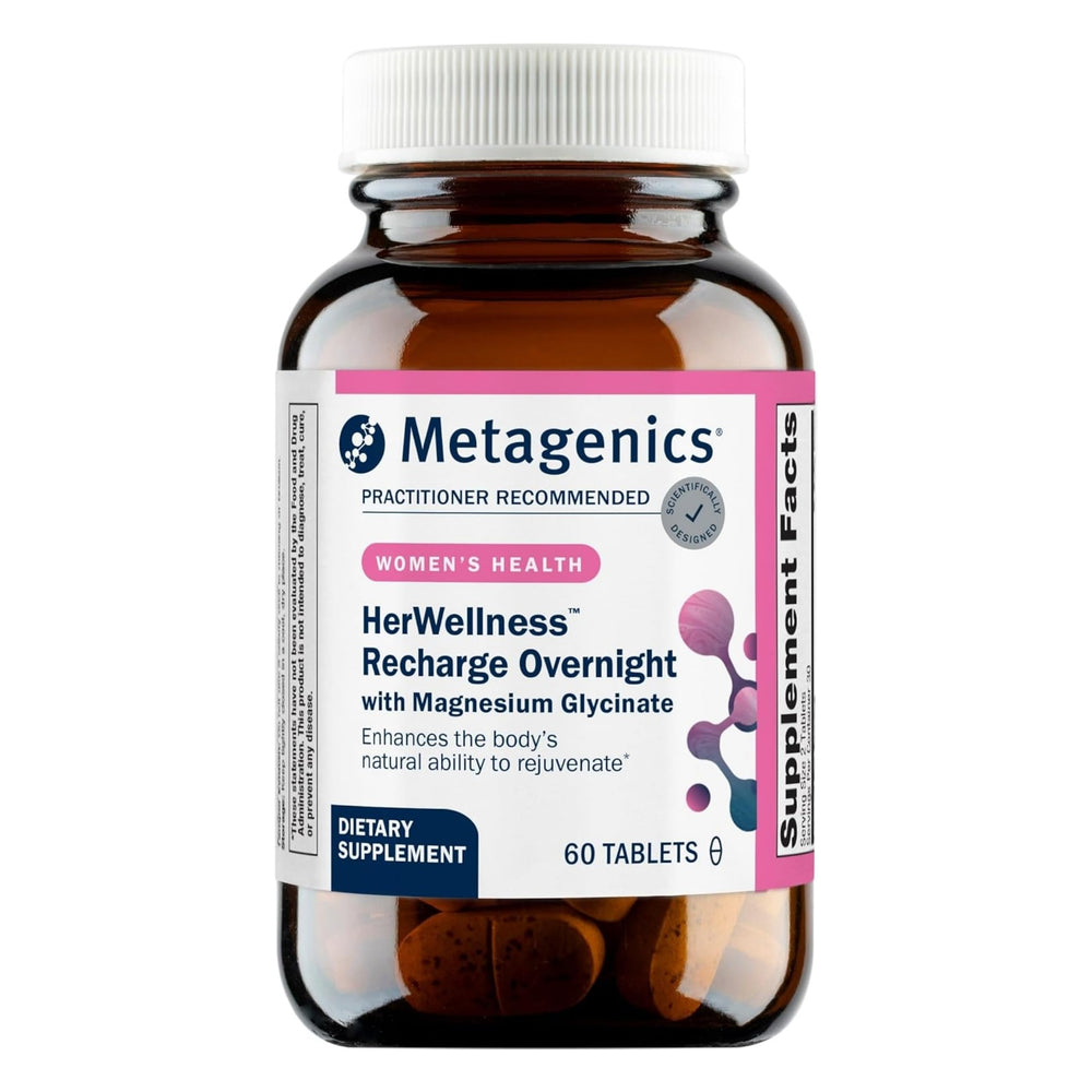Metagenics HerWellness Recharge Overnight bottle for relaxation support.