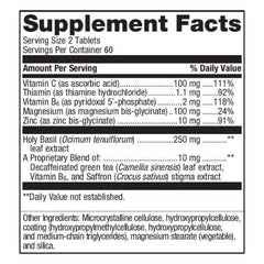 Label close-up highlighting holy basil and zinc ingredients in Metagenics product.
