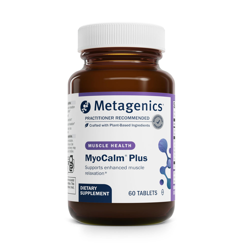 Metagenics MyoCalm Plus bottle front showing a calm wellness vibe.
