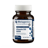 Metagenics Vitamin D3 5000 IU softgels in bottle for daily immune and bone support.