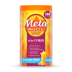 Metamucil 4-in-1 fiber bottle on counter suggesting daily digestive support
