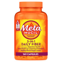 Metamucil capsules bottle front view for daily fiber support.