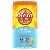 Metamucil Daily Fiber + Collagen orange powder with scoop, suggesting digestive support in daily routine.