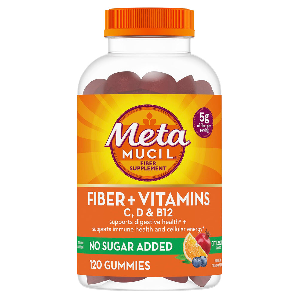 Metamucil fiber gummies bottle closeup with citrus berry flavor and sugar-free formula.