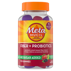 Metamucil Fiber Gummies strawberry kiwi bottle shows no sugar added and probiotic benefits.