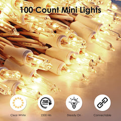 Meteds warm white bulbs on white wire with end-connector for easy expansion.