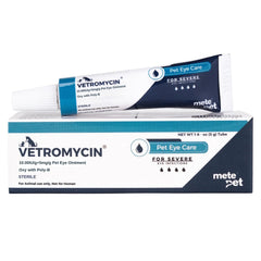 METEPET Vetromycin eye ointment tube for gentle daily eye care.