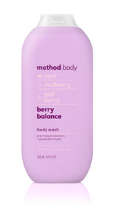 Method Berry Balance bottle close-up shows berry-infused formula for daily rejuvenation.