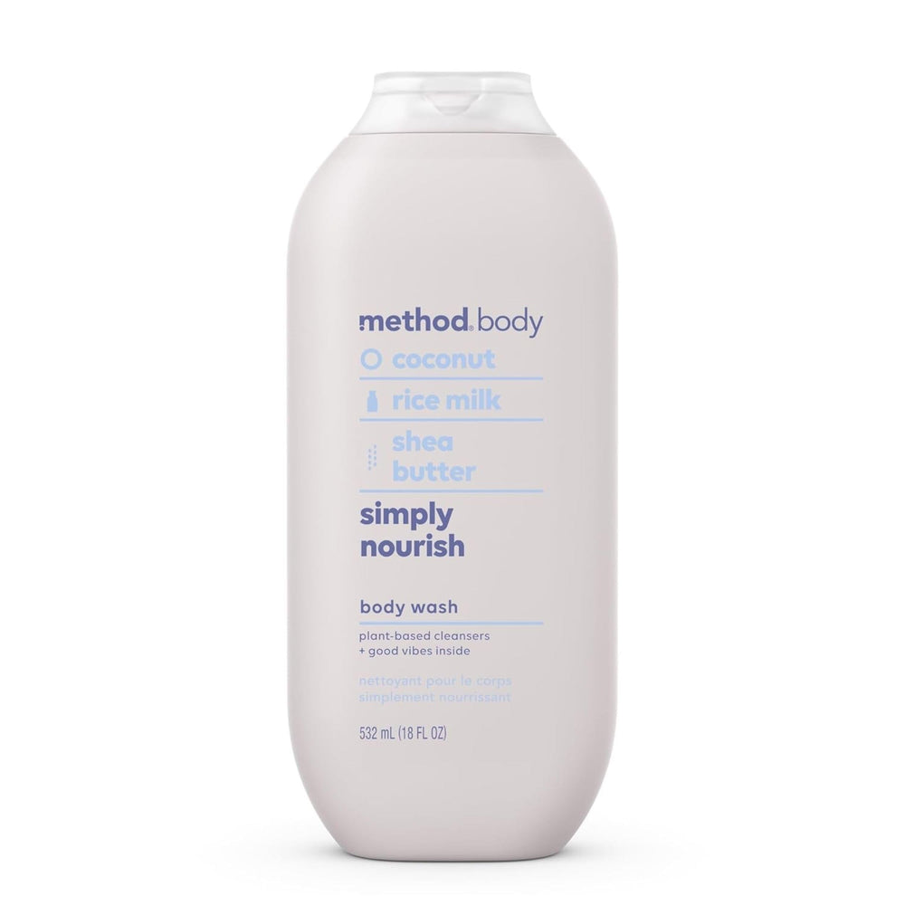 Method Simply Nourish bottle highlights PCR plastic packaging for eco-friendly daily cleansing.