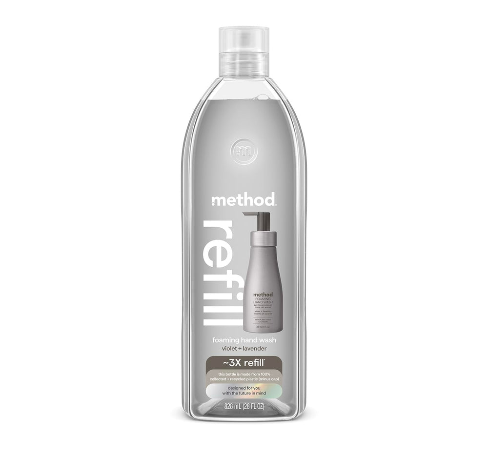 Method foaming hand soap refill bottle front view with violet lavender scent and eco-friendly packaging.